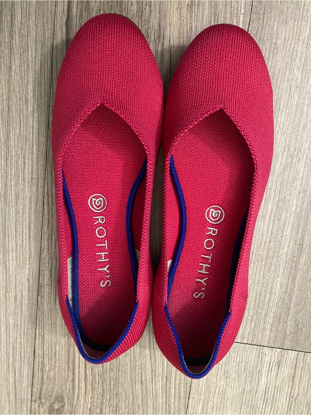 Rothy's Bright Pink Knit V-Cut Flats with Blue Trim - Picture 2 of 12